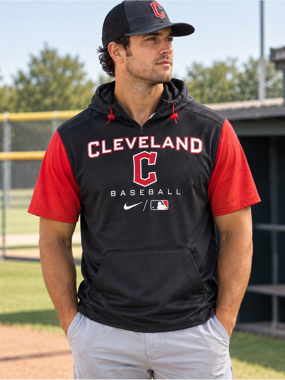 Nike Cleveland Baseball Short Sleeve Hoodie MLB Authentic Pullover Men's Medium